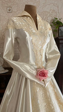 Load image into Gallery viewer, Breathtaking 1950’s Vintage White Satin and Ivory Lace Bridal Gown Wedding Dress
