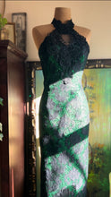 Load image into Gallery viewer, Stunner 1980’s Vintage Emerald Green Sequin and Black Soutache Lace Wiggle Dress by Loralie
