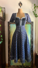 Load image into Gallery viewer, Restored 1970's vintage Navy Blue calico Gunne Sax midi peplum dress