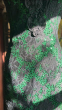 Load image into Gallery viewer, Stunner 1980’s Vintage Emerald Green Sequin and Black Soutache Lace Wiggle Dress by Loralie