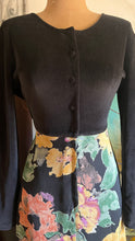 Load image into Gallery viewer, Cozy 1980’s Vintage Black Velveteen and Floral Print Chiffon Dress by Adini