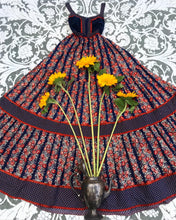 Load image into Gallery viewer, 1970’s Vintage Cabbage Rose Calico and velveteen Gunne Sax Maxi Sundress