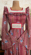 Load image into Gallery viewer, Lovely 1970’s Vintage Mauve and Blue Rose Print Angel Sleeve Dress