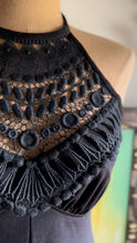 Load image into Gallery viewer, Slinky 1970’s Vintage Black Crochet Collar Halter Maxi Dress