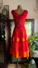 Load image into Gallery viewer, Reworked 1950’s Vintage Red Silk Chiffon and Orange Satin Dress