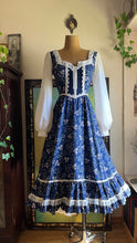 Load image into Gallery viewer, 1970’s Vintage Navy Blue Calico Gunne Sax Midi Dress
