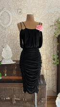 Load image into Gallery viewer, Designer 1980’s Vintage Draped and Ruched Black Wiggle Dress by Samir