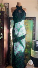 Load image into Gallery viewer, Stunner 1980’s Vintage Emerald Green Sequin and Black Soutache Lace Wiggle Dress by Loralie