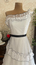 Load image into Gallery viewer, Outrageous 1970’s Vintage Black and White Swiss Dot Chiffon One Shoulder Illustrated Dress