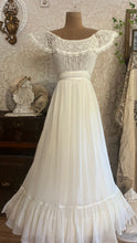 Load image into Gallery viewer, Amazing 1970’s Vintage Ivory Crepe Voile and Lace Gunne Sax Flounced Sundress