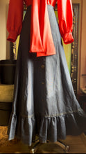 Load image into Gallery viewer, Handmade Vintage Gold Horse Button Down Denim Prairie Skirt