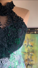 Load image into Gallery viewer, Stunner 1980’s Vintage Emerald Green Sequin and Black Soutache Lace Wiggle Dress by Loralie