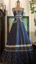 Load image into Gallery viewer, Amazing 1970’s Vintage Navy and Gold Calico Gunne Sax Peplum Sundress