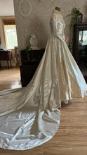 Load image into Gallery viewer, Breathtaking 1950’s Vintage White Satin and Ivory Lace Bridal Gown Wedding Dress