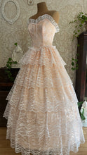Load image into Gallery viewer, Perfect 1980’s Vintage Peachy Pink Satin and White Lace Dream Dress with Armlets