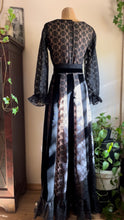 Load image into Gallery viewer, Fantastic 1970’s Vintage Black Velvet and Illusion Lace Maxi Dress