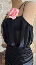 Load image into Gallery viewer, Designer 1980’s Vintage Draped and Ruched Black Wiggle Dress by Samir