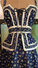 Load image into Gallery viewer, Amazing 1970’s Vintage Navy and Gold Calico Gunne Sax Peplum Sundress