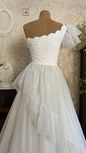 Load image into Gallery viewer, 1950’s Vintage One Shoulder Ruffled White Chiffon Gown by Mike Benet Formals