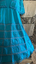 Load image into Gallery viewer, Beautiful 1970's vintage Bright Turquoise Blue Cotton and lace Mexican dress