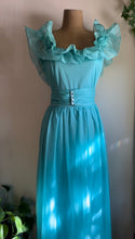 Load image into Gallery viewer, 1970’s Vintage Cold Shoulder Ice Blue Ruffle Dress and Belt