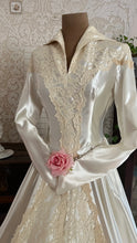 Load image into Gallery viewer, Breathtaking 1950’s Vintage White Satin and Ivory Lace Bridal Gown Wedding Dress