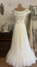 Load image into Gallery viewer, Amazing 1970’s Vintage Ivory Crepe Voile and Lace Gunne Sax Flounced Sundress