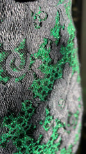 Load image into Gallery viewer, Stunner 1980’s Vintage Emerald Green Sequin and Black Soutache Lace Wiggle Dress by Loralie