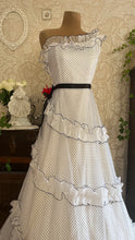 Load image into Gallery viewer, Outrageous 1970’s Vintage Black and White Swiss Dot Chiffon One Shoulder Illustrated Dress