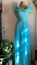 Load image into Gallery viewer, 1970’s Vintage Cold Shoulder Ice Blue Ruffle Dress and Belt