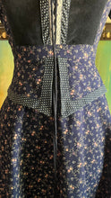 Load image into Gallery viewer, Restored 1970's vintage Navy Blue calico Gunne Sax midi peplum dress