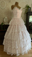 Load image into Gallery viewer, Beautiful 1980’s Vintage Pink Satin and Tiered White Lace Dream Dress