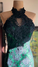 Load image into Gallery viewer, Stunner 1980’s Vintage Emerald Green Sequin and Black Soutache Lace Wiggle Dress by Loralie