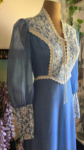 Load image into Gallery viewer, 1970’s Vintage Blue Voile and Ivory Lace Prairie dress