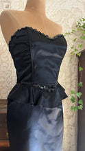 Load image into Gallery viewer, Deadstock 1980’s Vintage Black Satin Gunne Sax Peplum Wiggle Dress
