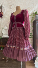 Load image into Gallery viewer, 1970's vintage Burgundy Velveteen and Calico Gunne Sax midi peplum dress