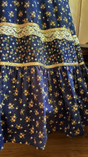 Load image into Gallery viewer, Amazing 1970’s Vintage Navy and Gold Calico Gunne Sax Peplum Sundress