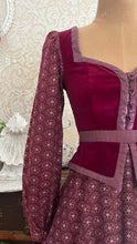 Load image into Gallery viewer, 1970's vintage Burgundy Velveteen and Calico Gunne Sax midi peplum dress