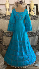 Load image into Gallery viewer, Beautiful 1970's vintage Bright Turquoise Blue Cotton and lace Mexican dress