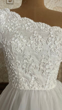 Load image into Gallery viewer, 1950’s Vintage One Shoulder Ruffled White Chiffon Gown by Mike Benet Formals