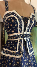 Load image into Gallery viewer, Amazing 1970’s Vintage Navy and Gold Calico Gunne Sax Peplum Sundress