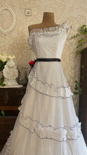 Load image into Gallery viewer, Outrageous 1970’s Vintage Black and White Swiss Dot Chiffon One Shoulder Illustrated Dress