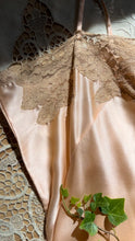 Load image into Gallery viewer, Lovely 1930’s vintage peachy pink satin and ecru lace slip
