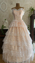 Load image into Gallery viewer, Perfect 1980’s Vintage Peachy Pink Satin and White Lace Dream Dress with Armlets
