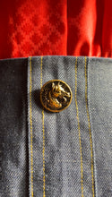 Load image into Gallery viewer, Handmade Vintage Gold Horse Button Down Denim Prairie Skirt
