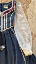 Load image into Gallery viewer, Childs 1970’s vintage Dusty Blue Polka Dot Calico Jeunnes Filles Gunne Sax dress