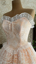 Load image into Gallery viewer, Perfect 1980’s Vintage Peachy Pink Satin and White Lace Dream Dress with Armlets