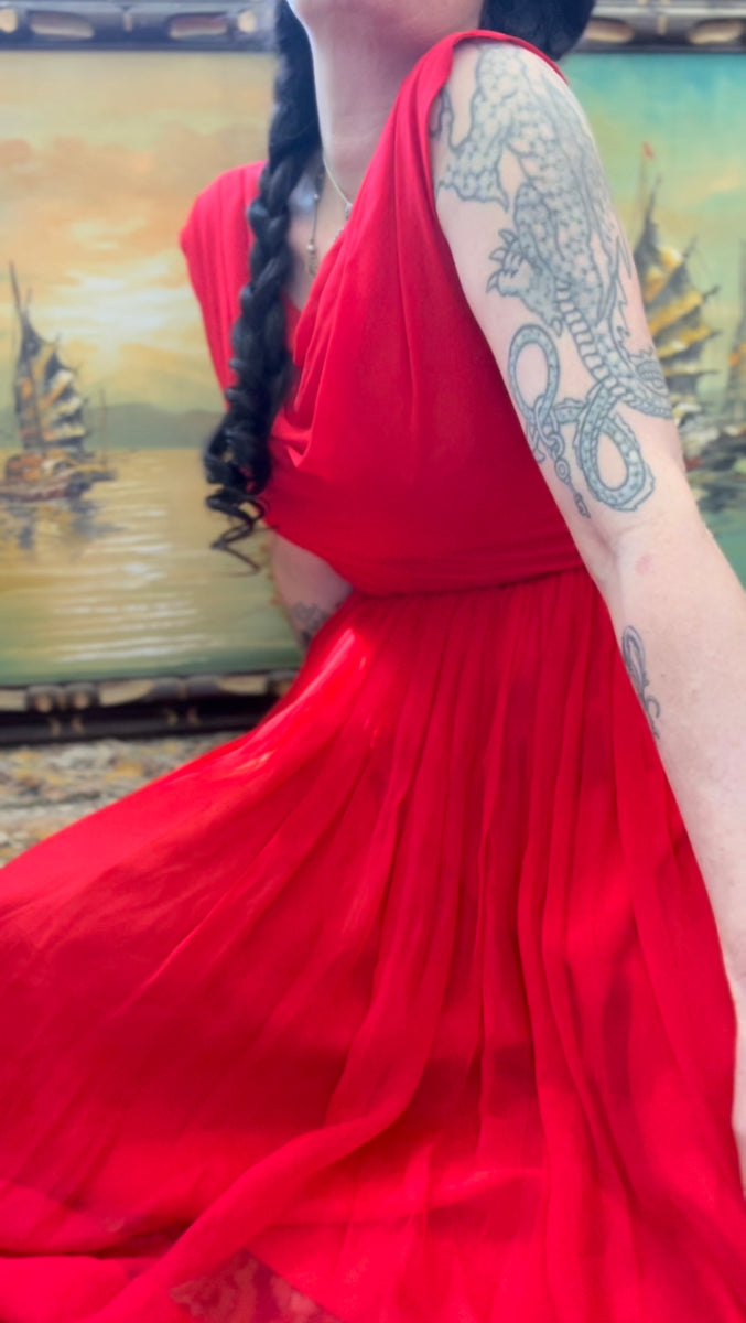 Gorgeous 1950's Vintage Cherry Red Silk Chiffon Dress Strange Vintage Gorgeous 1950's Vintage Cherry Red Silk Chiffon Dress Strange Vintage