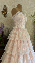 Load image into Gallery viewer, Fairytale 1980’s Vintage Pink Satin and White Lace Dream Dress with Armlets