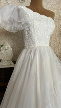 Load image into Gallery viewer, 1950’s Vintage One Shoulder Ruffled White Chiffon Gown by Mike Benet Formals
